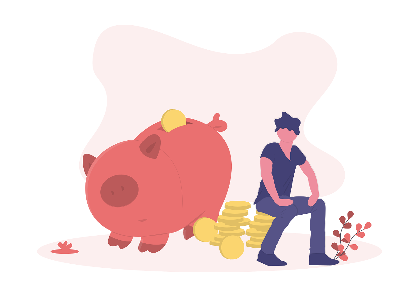 Illustration des modèles économiques : Homme assis sur des pièces de monnaie & un cochon tirelire